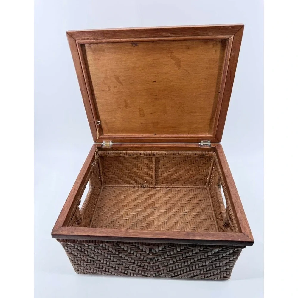 Storage Box Medium Herringbone Weave Rattan Wood Brown Solid